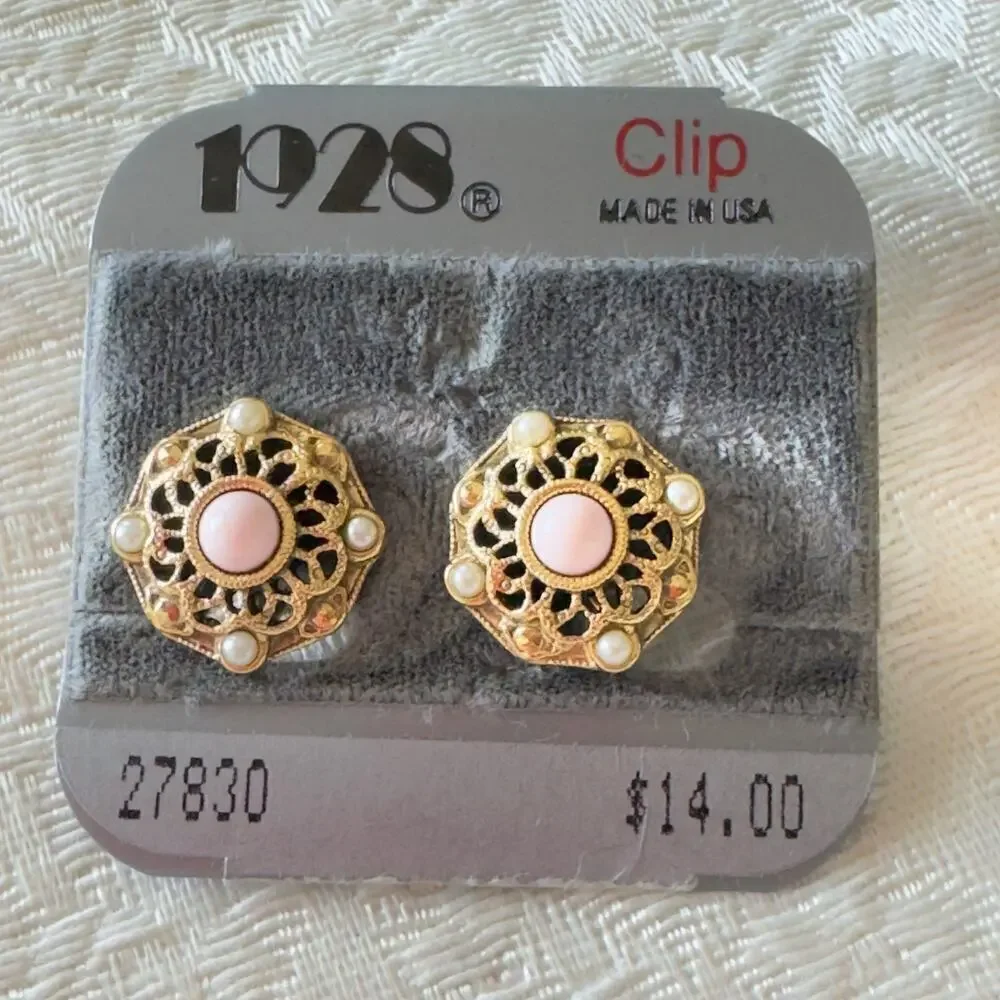 Vintage 1928 Edwardian Style Clip On Earrings Pink Cabochon Brushed Gold NWT